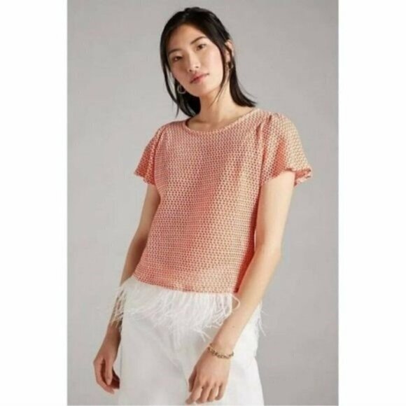 Eva Franco Top Feather Fringe Orange Short Flutter Sleeve Round Neck Sweater S - Picture 1 of 14